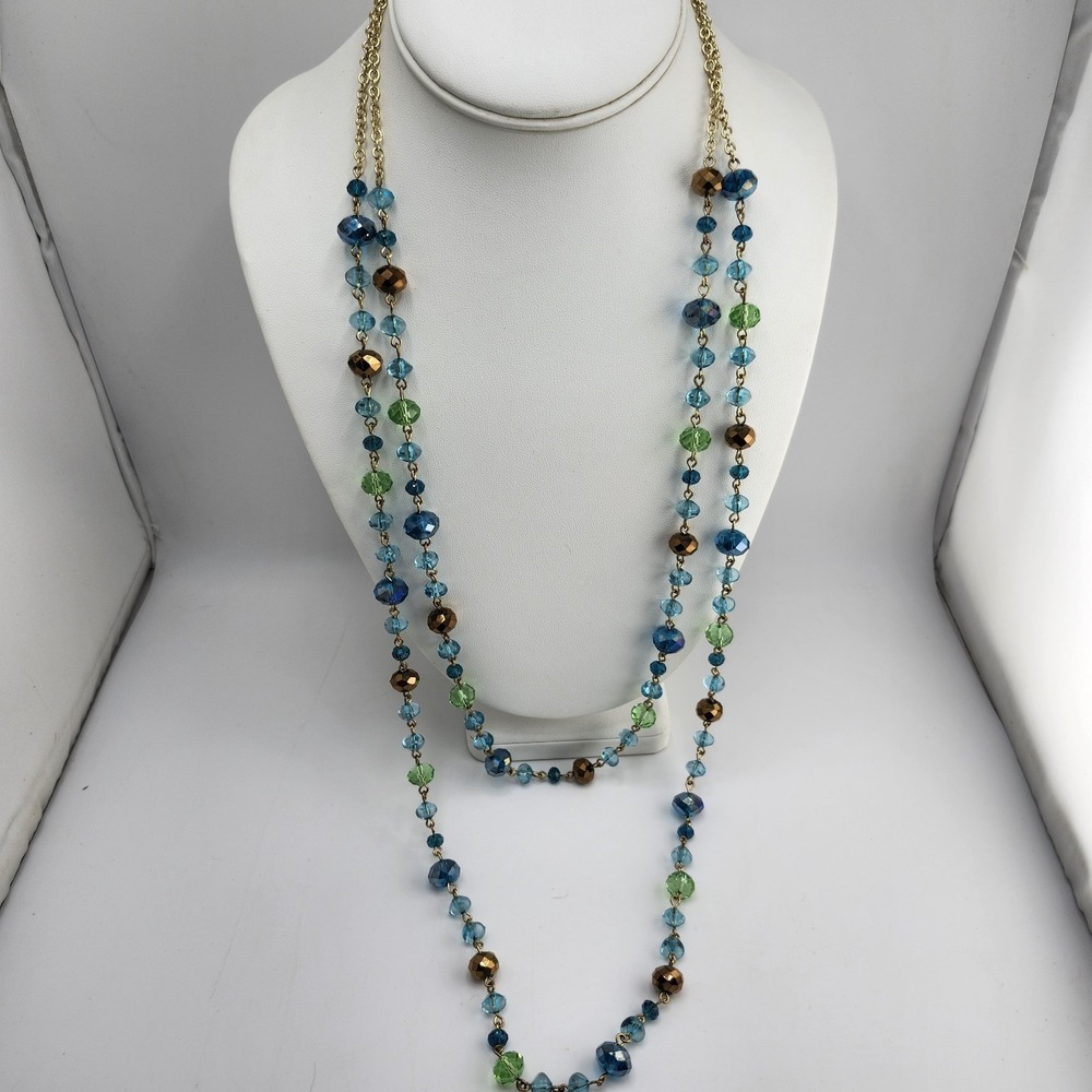 Layered Double Strand Blue Green  Bronze Beaded Necklace‎